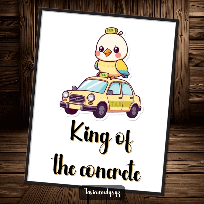 Funny digital art print of a spirited bird humorously hitching a ride on a city taxi.