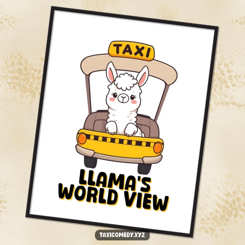 Funny digital art print of a cheerful llama character riding in a taxi and looking out the window, full of personality and humor.