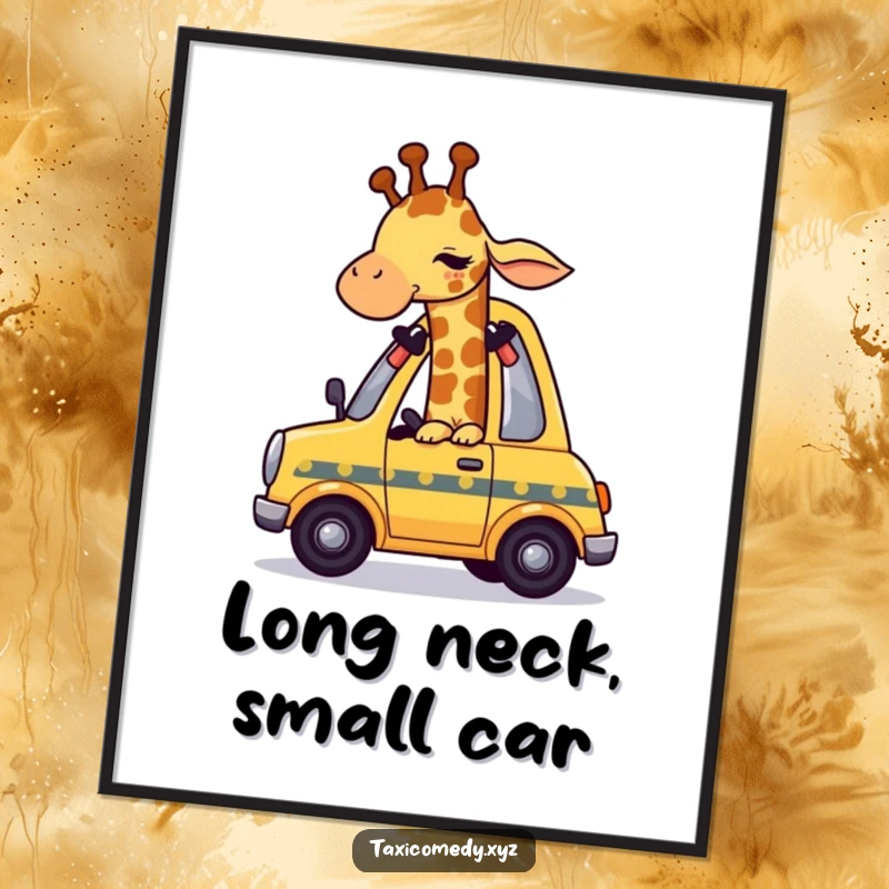 Funny giraffe character humorously squeezing into a small yellow taxi, available as a digital art print.