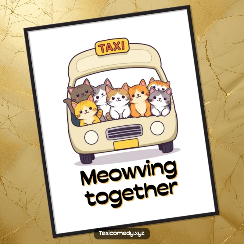 Funny cat taxi digital art print of a cheerful group of cats packed into a taxi, creating a humorous and heartwarming scene.