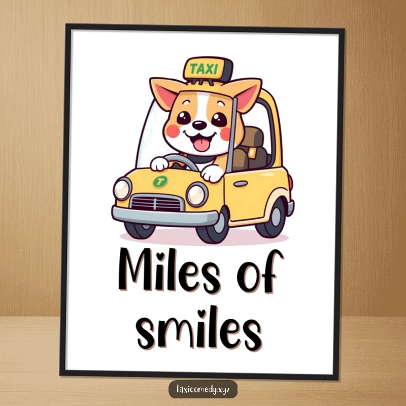 Funny digital art print of a happy dog character smiling while driving a small, stylized taxi, ready for display.