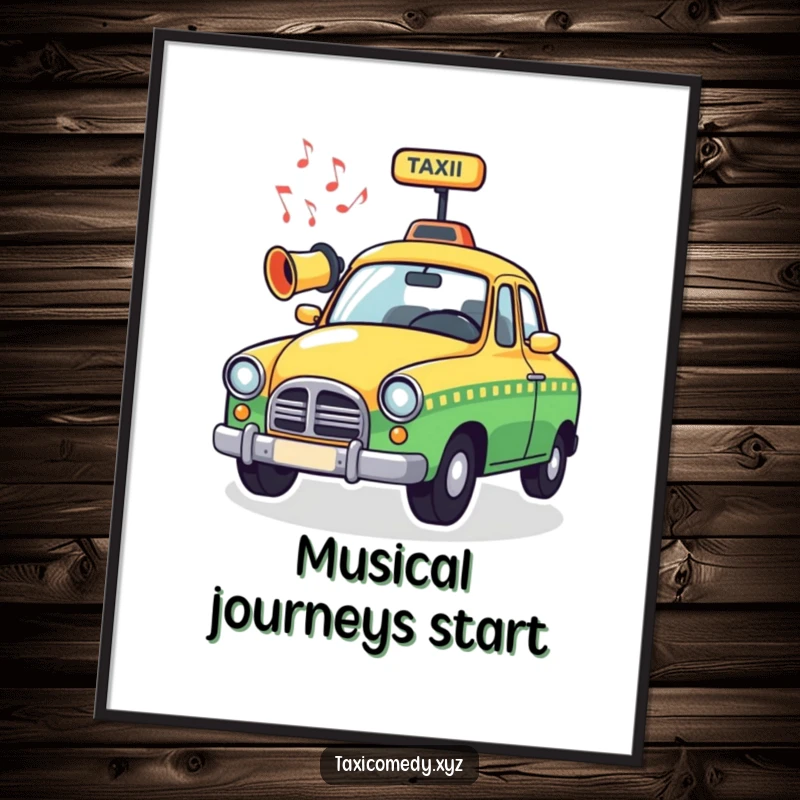 Funny Musical Taxi Digital Art Print of a whimsical taxi horn emitting musical notes, designed to bring humorous musical vibes to any wall.