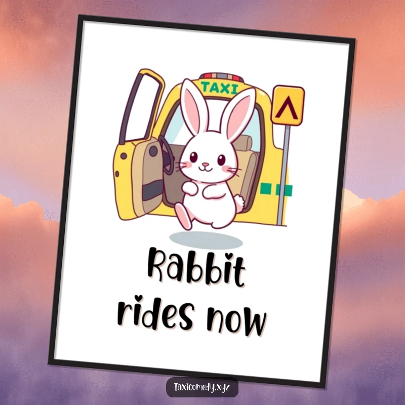 Excited rabbit hopping into a taxi, humorous digital art print for instant wall decor.