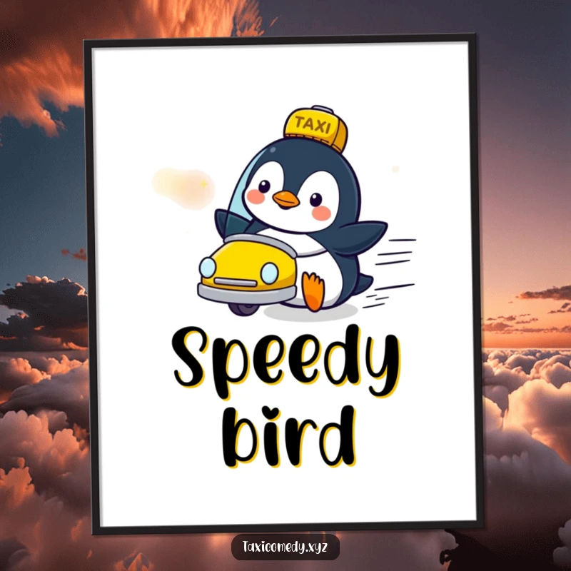Funny penguin character looking delighted as a taxi zooms by, captured in a digital art print for cheerful decor.