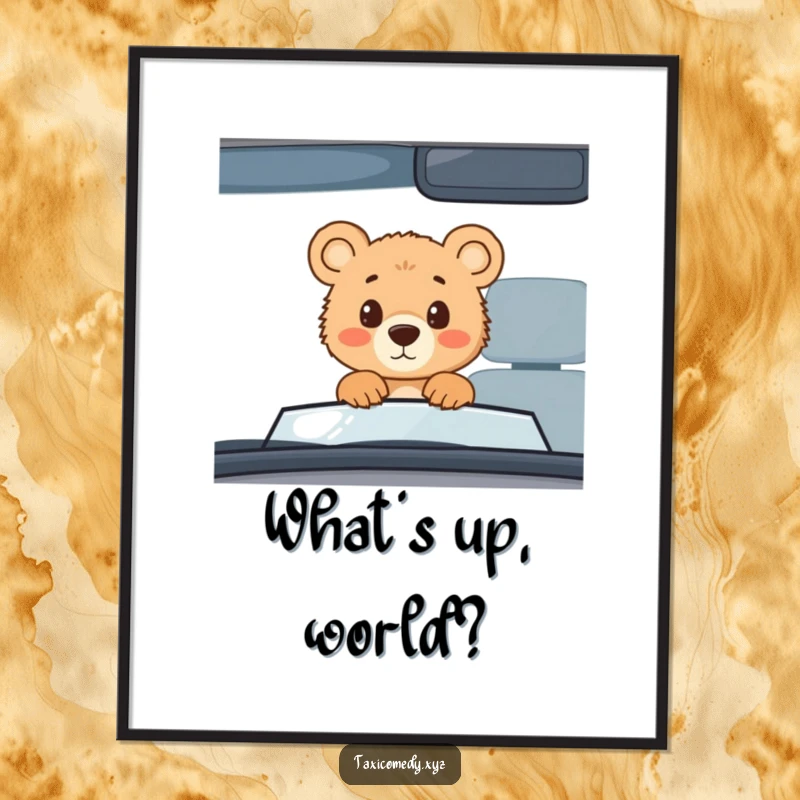 Funny bear cub taxi digital art print, high-resolution artwork of a bear cub looking through a taxi windshield, humorous.