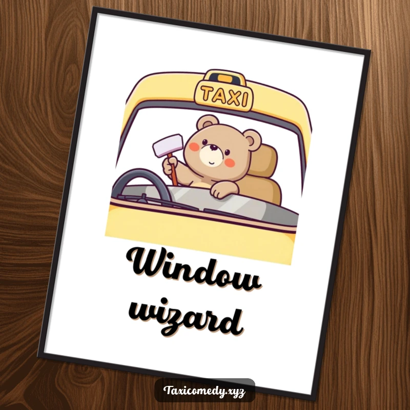 Funny bear character happily polishing a taxi windshield, captured in a digital art print for cheerful decor.