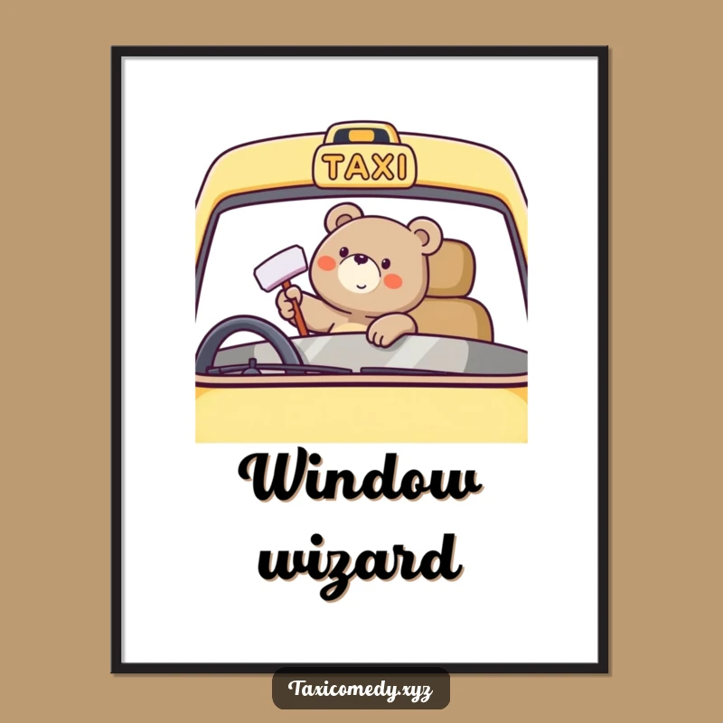 Funny Bear Taxi Digital Print: Happy Polishing Art, Instant Gift