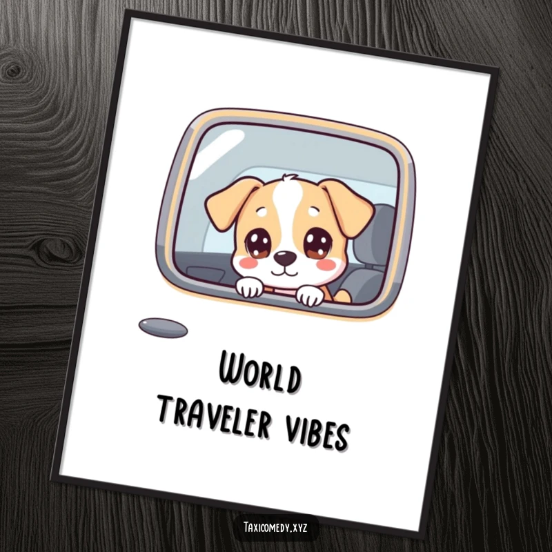 Funny dog character humorously looking out of a taxi window with wide, curious eyes, available as a digital print.