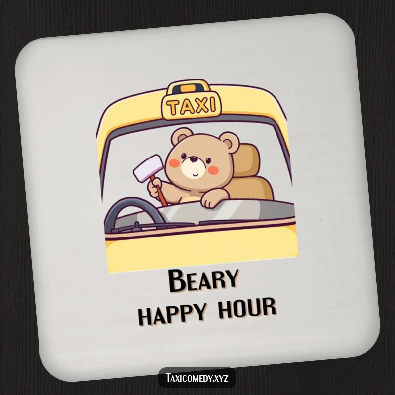 Funny bear character coaster featuring happy taxi windshield polishing, offering cheerful protection for surfaces.