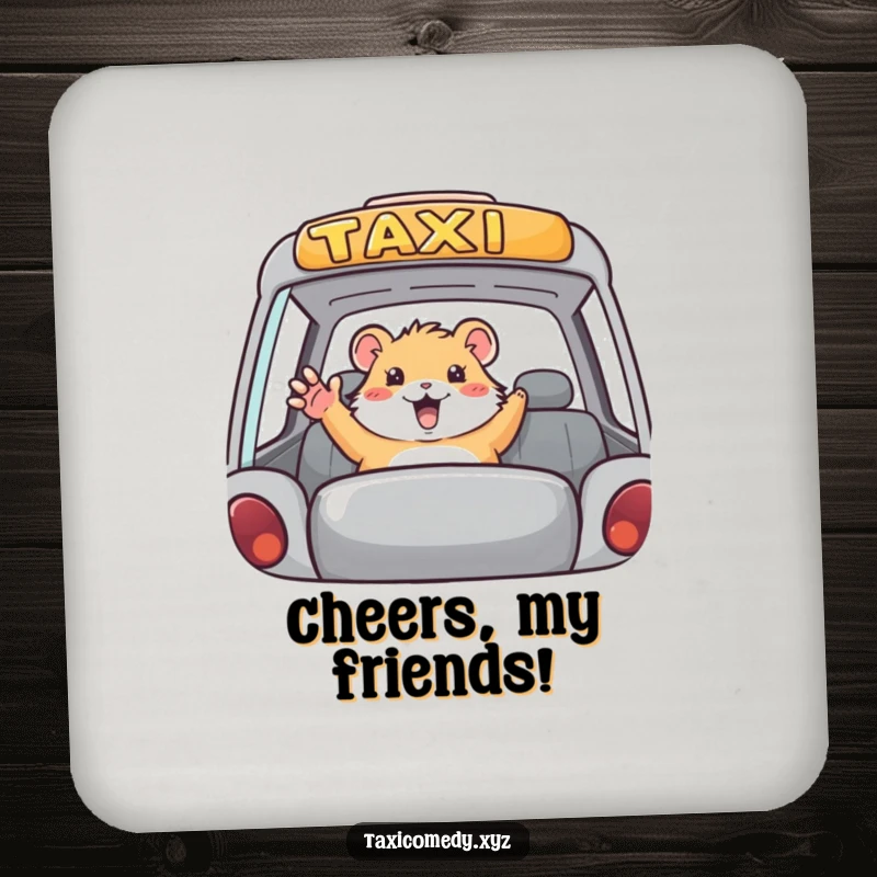 Funny hamster taxi drink coasters, set of coasters with a hamster waving from a taxi, humorous and functional.