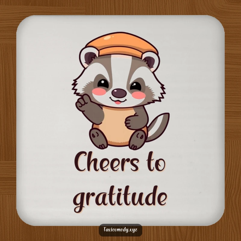 Funny drink coaster featuring a badger character offering a happy, grateful nod after paying the taxi fare, protecting surfaces with charm.