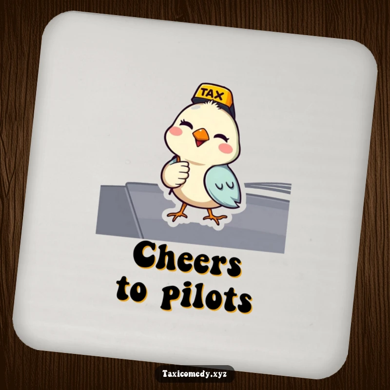 Funny bird drink coaster featuring a bird acting as a taxi driver and giving a wink. Protects surfaces with humor.