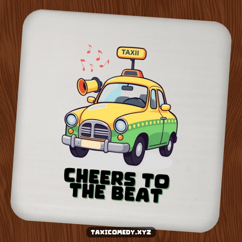 Funny Musical Taxi Coaster depicting a whimsical taxi horn emitting musical notes, offering humorous protection for drink surfaces.