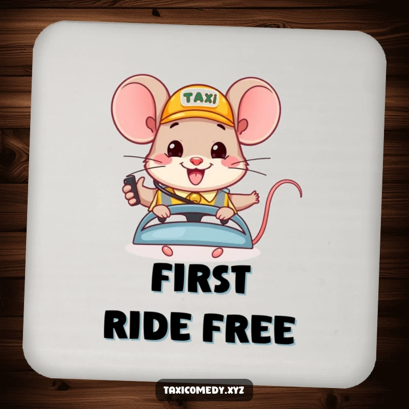 Funny coaster art: a happy mouse character cheerfully dispatches taxis, protecting surfaces with a humorous design.