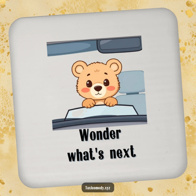 Funny bear cub taxi drink coasters, set of coasters depicting a curious bear cub in a taxi, humorous table protection.