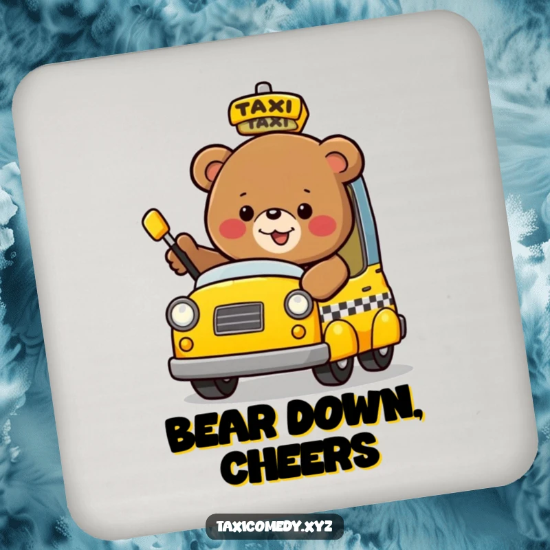 Funny bear flagging down a taxi, designed as a protective and decorative drink coaster.