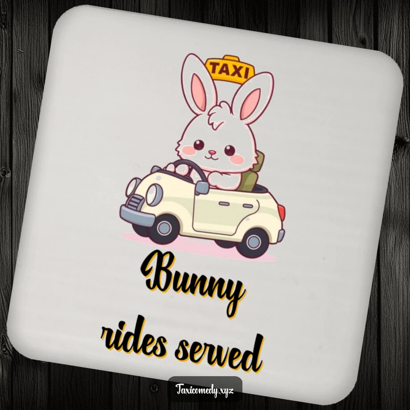 Funny fluffy bunny taxi driver nodding, directing passengers, protective funny gift coasters for home bar.