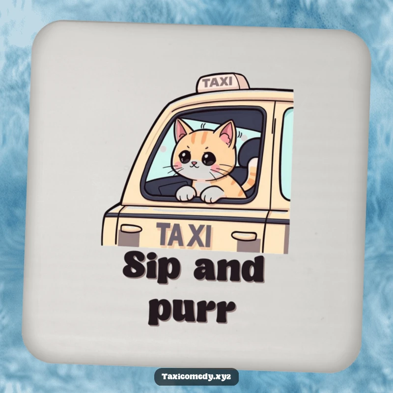 Funny Cat drink coaster featuring a cat passenger with its head out of a taxi window, offering surface protection with humorous charm.