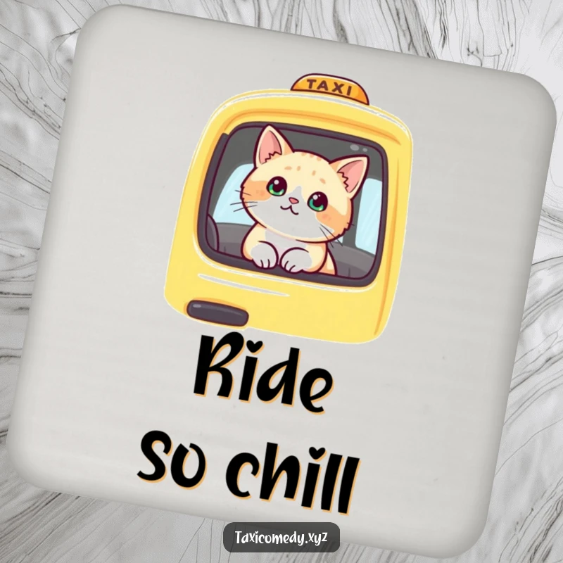 Funny cat looking out of a yellow taxi window. This coaster adds a humorous touch to drinks, protecting surfaces with feline flair.