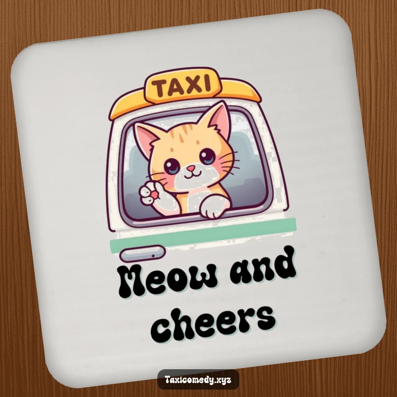 Funny cat waving from a taxi window, designed as a protective and decorative drink coaster.