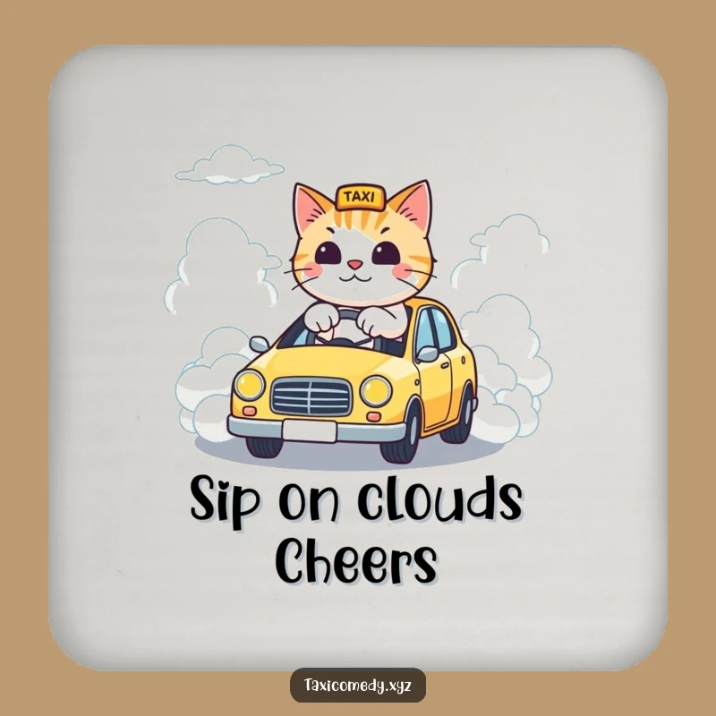 Funny Cloud Taxi Cat Coaster: Whimsical Feline Driver, a Protective Funny Gift!