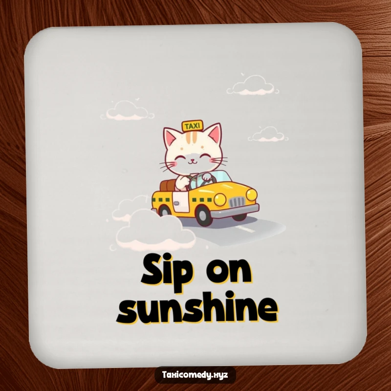 Funny drink coaster featuring a cat steering a taxi down a whimsical road made of clouds.