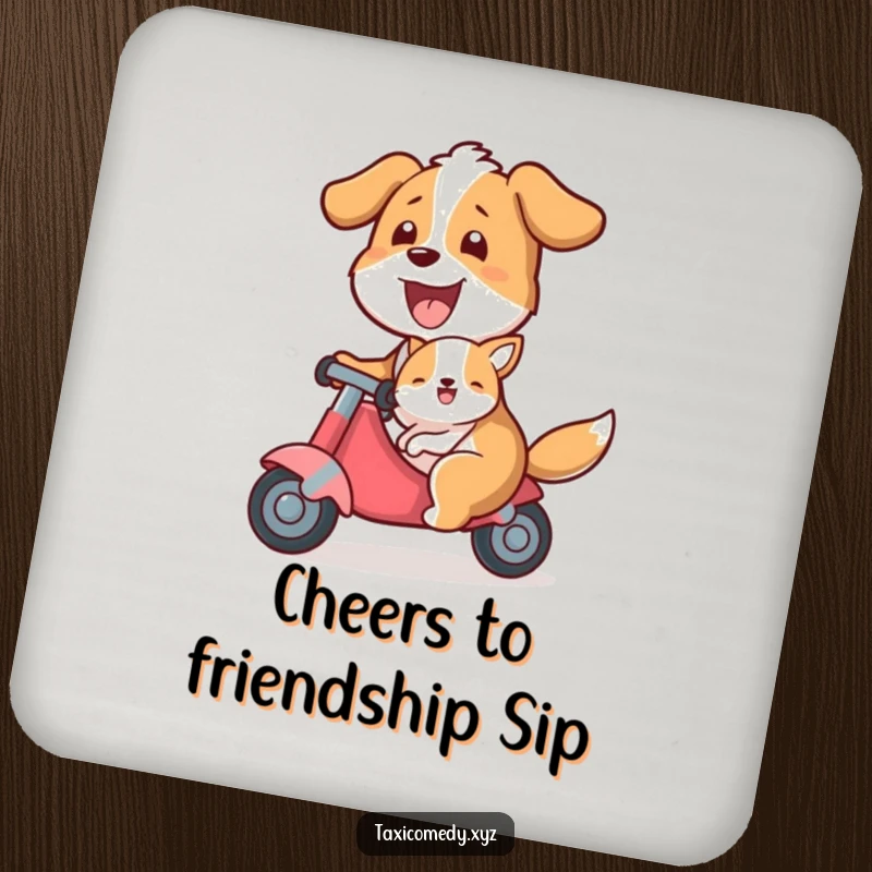 Funny drink coaster with a dog happily giving a ride to a smaller animal passenger, protecting surfaces with humorous and heartwarming flair.