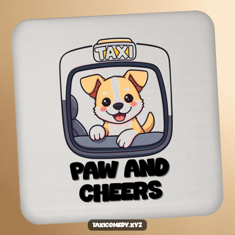 Dog sticking its head out of a taxi window, designed as a protective and decorative drink coaster.