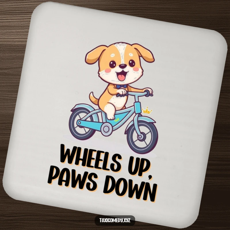 Funny dog pedaling a miniature taxi like a bicycle on a protective drink coaster.