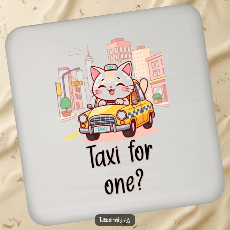 Funny coaster depicting a cheerful cat driving a taxi through a stylized city street, adding humor to any surface.