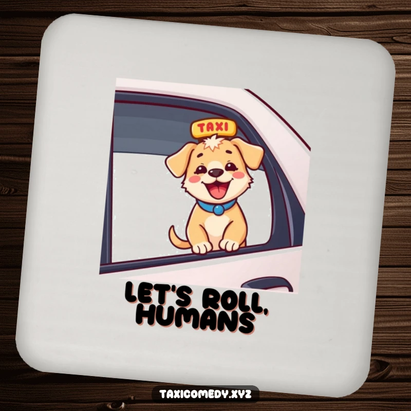 Funny energetic puppy enjoying taxi ride, happy bark, protective funny gift coasters for home decor.