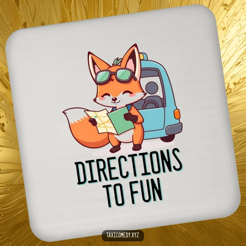 Funny drink coaster depicting a fox holding a map and giving directions to a taxi driver, protecting surfaces with a touch of humorous intelligence.