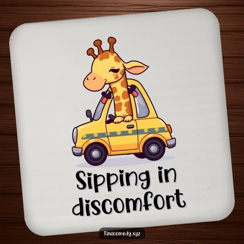 Funny giraffe character humorously squeezing into a small taxi, protecting surfaces with a touch of wit.