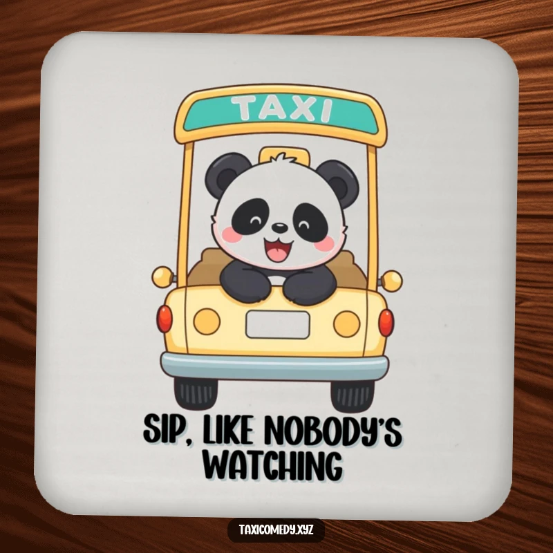 Funny panda joyfully riding in the back of an open-top taxi. This coaster offers surface protection with a dose of cute, humorous charm.