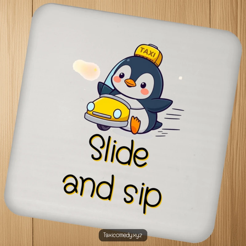Funny penguin character coaster looking delighted as a taxi zooms by, offering cheerful protection for surfaces.