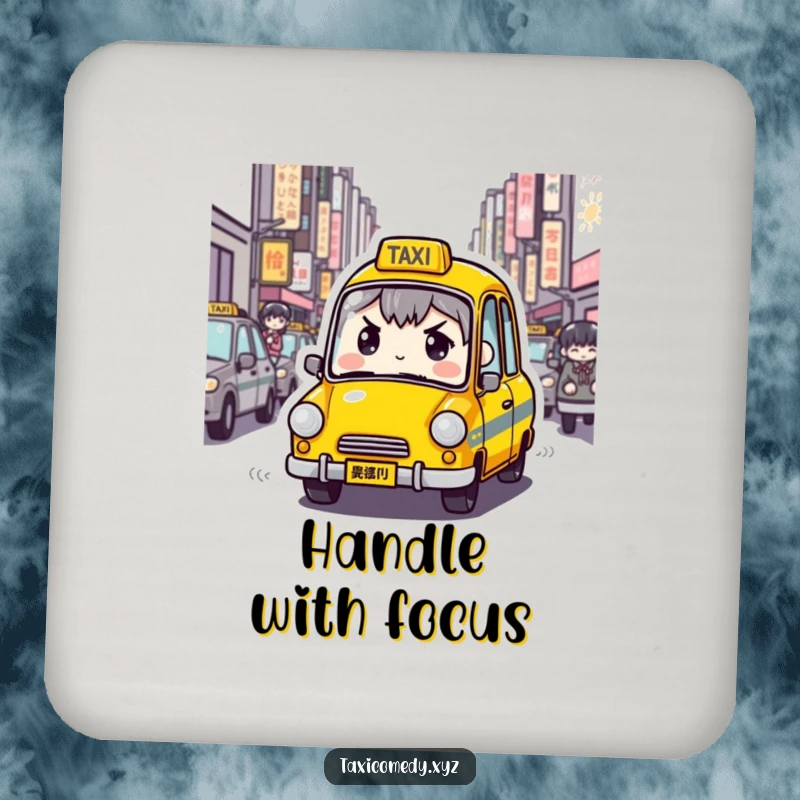 Funny Determined Taxi Coaster depicting a taxi character with a determined expression navigating crowded city streets, offering humorous protection for drink surfaces.
