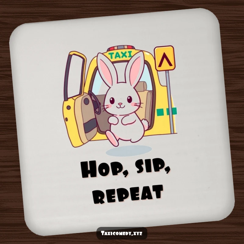 Rabbit hopping into a taxi, designed as a protective and decorative drink coaster.
