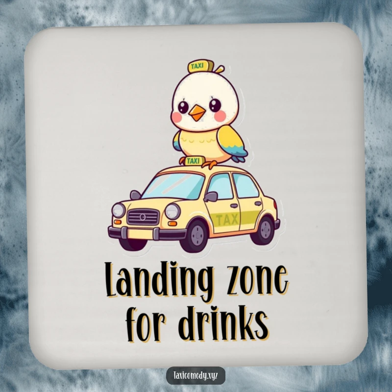 Funny drink coasters featuring a humorous bird enjoying a taxi ride, protecting surfaces with style.