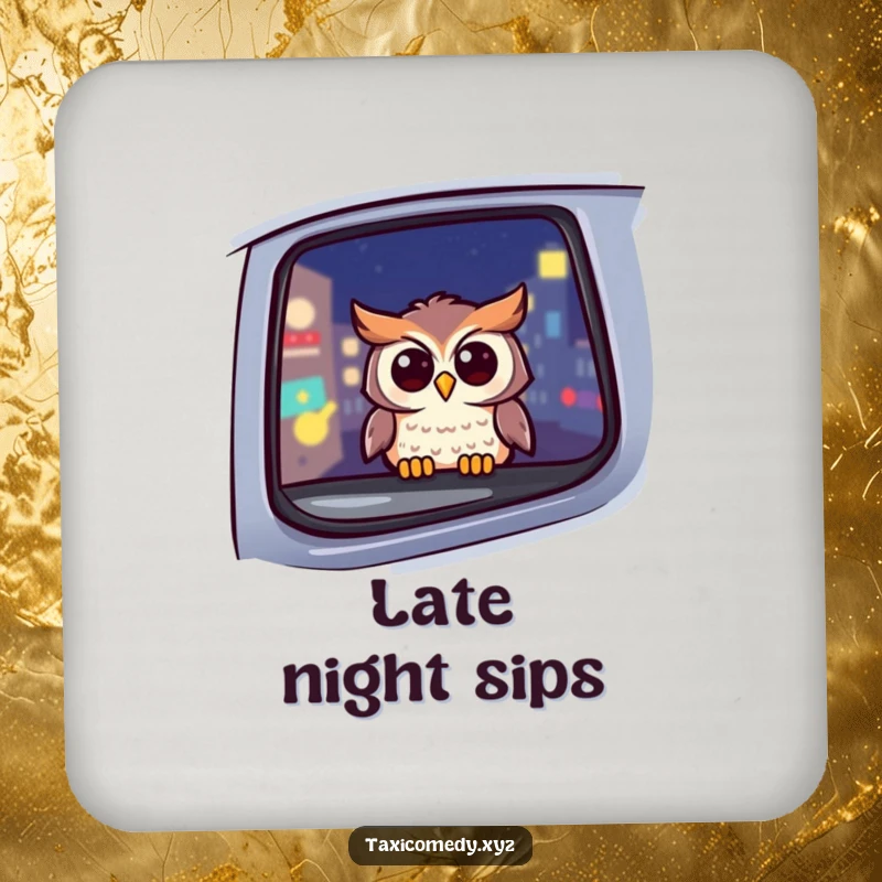 Funny owl drink coaster with a cheerful owl looking out a taxi window at night, protecting surfaces with a humorous design.