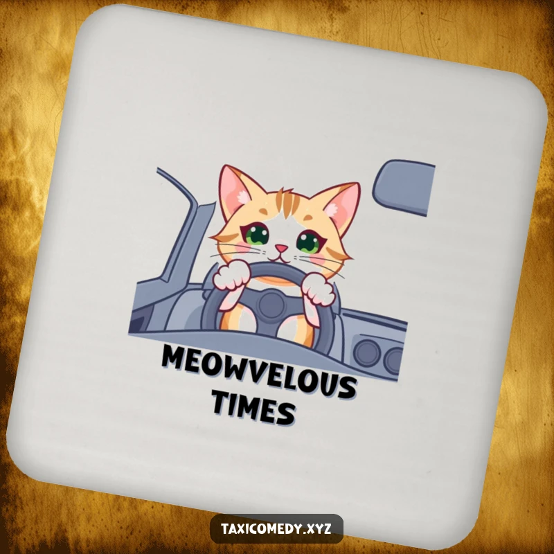 Funny cat driver coasters, featuring an excited cat driving, adding a fun, automotive touch to drink settings.