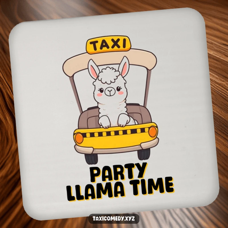 Funny drink coaster featuring a cheerful llama riding in a taxi and looking out the window, protecting surfaces with charm.