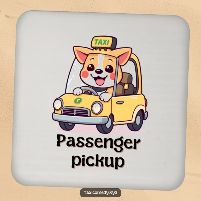 Funny drink coaster featuring a smiling dog character driving a stylized taxi, offering protection and humor.