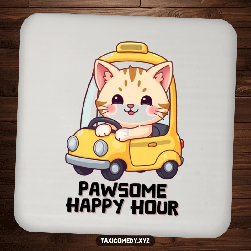Funny drink coaster featuring a cute, smiling cat driving a tiny yellow taxi, adding humorous flair to tabletops.