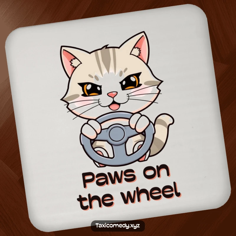 Funny cat coaster showing a determined cat character holding a steering wheel, ready to protect the surface.