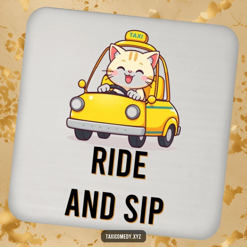 Funny Cat Coasters: A happy cat drives a yellow open-top taxi, a cute accessory.