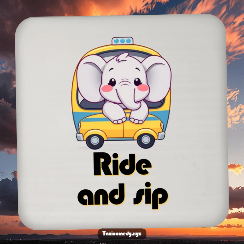 Funny drink coaster with a joyful elephant with big smiles, looking out the window of a toy taxi, protecting surfaces.