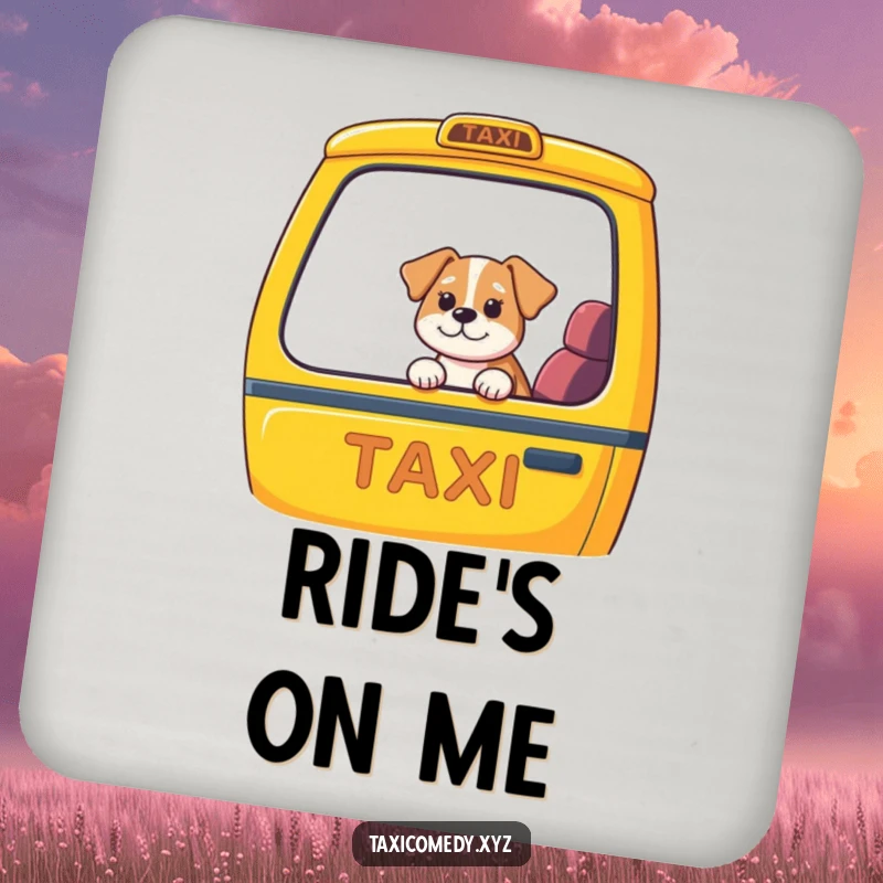 Funny dog taxi drink coasters, set protecting surfaces with a dog in a taxi illustration, humorous home accessory.