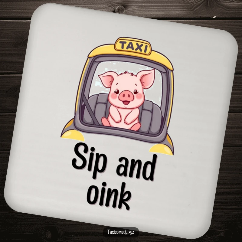 Funny drink coasters with a happy piglet in a taxi, protecting surfaces.