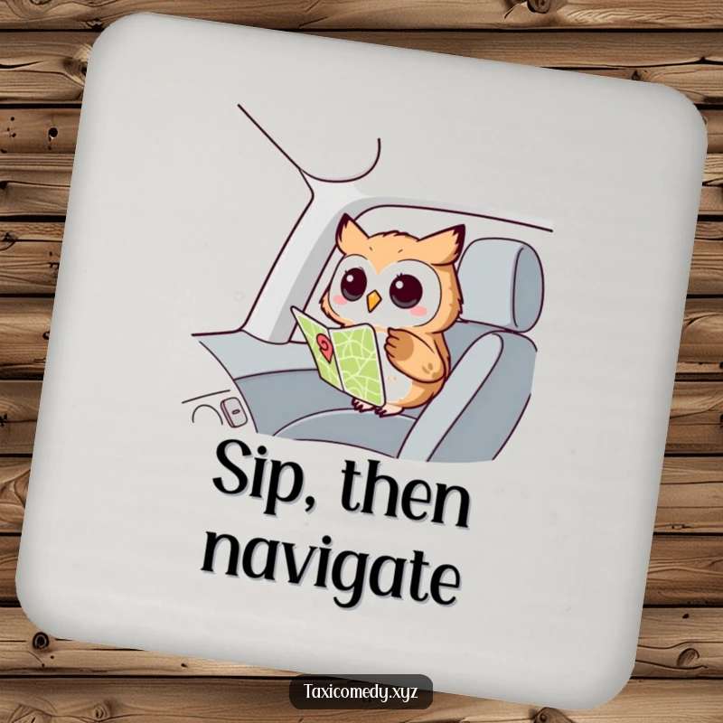 Funny Owl Navigator Coaster: A curious owl looking at a map, protecting surfaces with a dose of intellectual humor.