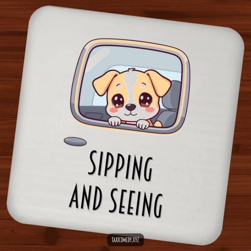 Funny dog character with curious eyes looking out a taxi window, a humorous and protective drink accessory.